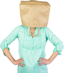 Woman covering head with brown paper bag 