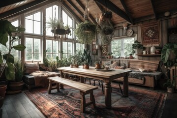 Fototapeta na wymiar Bohemian dining table close up, living room with couch in dark wooden mezzanine with gabled ceiling, bohemian style. Decorated potted plants. Country decor,. Generative AI