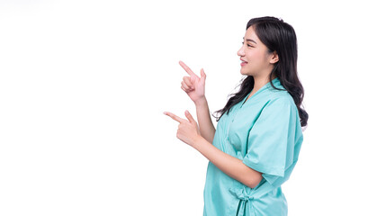Cheerful asian wear patient using finger pointing choose healthy care or insurance medical standing over isolated white background. Positive smile sick young girl pointing copy space.Insurance medical
