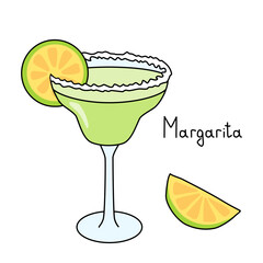 Margarita cocktail in glass with salt rim and lime slice, doodle style vector