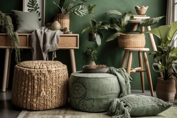 Green living room stool with blanket and cushion, plant, and rattan bag. Real picture. Generative AI