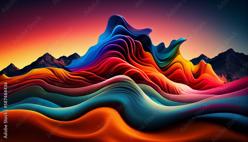 Poster Smooth waves flow over abstract mountain landscape backdrop generated by AI