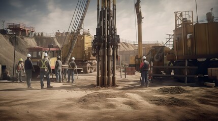 Employees with helmets at the dirty drilling rig in the mud Generative AI
