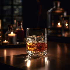A dark and moody shot of a whiskey-based cocktail, perfectly illuminated by a single spotlight to create a dramatic effect. -