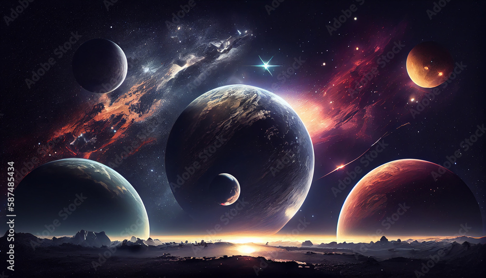 Poster glowing sphere orbiting planet in deep space generated by ai