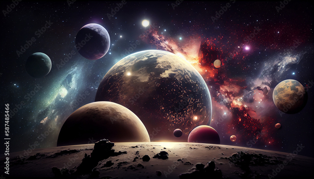 Poster glowing spaceship orbits planet in stunning galaxy generated by ai