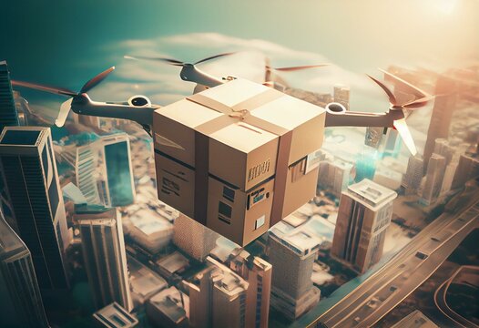 Drone Delivering Package Over City Created With Generative AI Technology