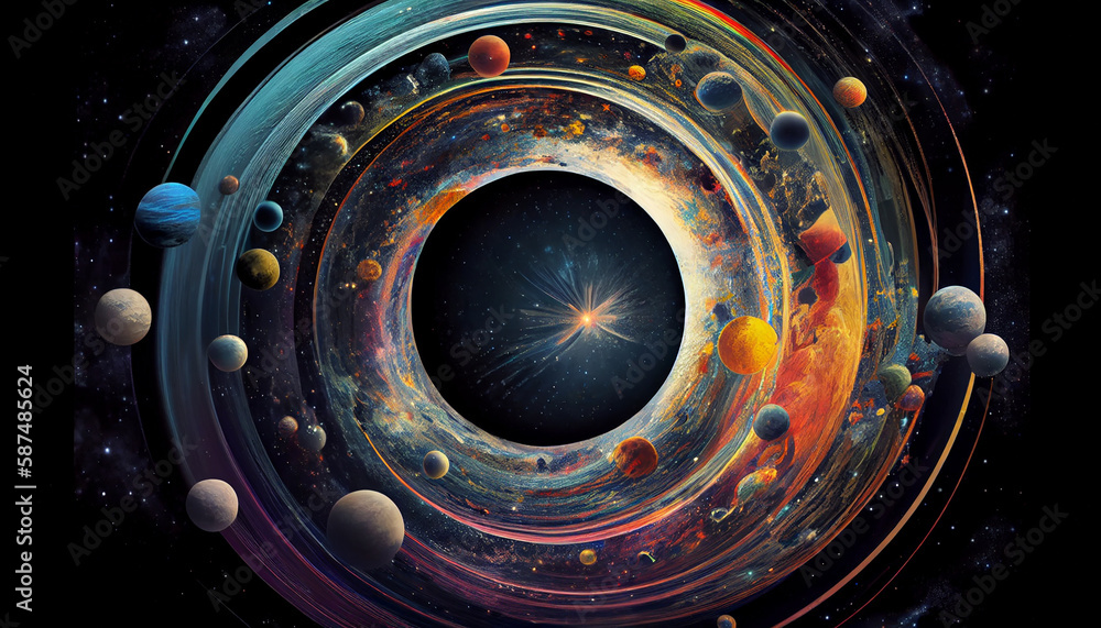 Poster abstract spaceship orbiting starry galaxy backdrop circle generated by ai