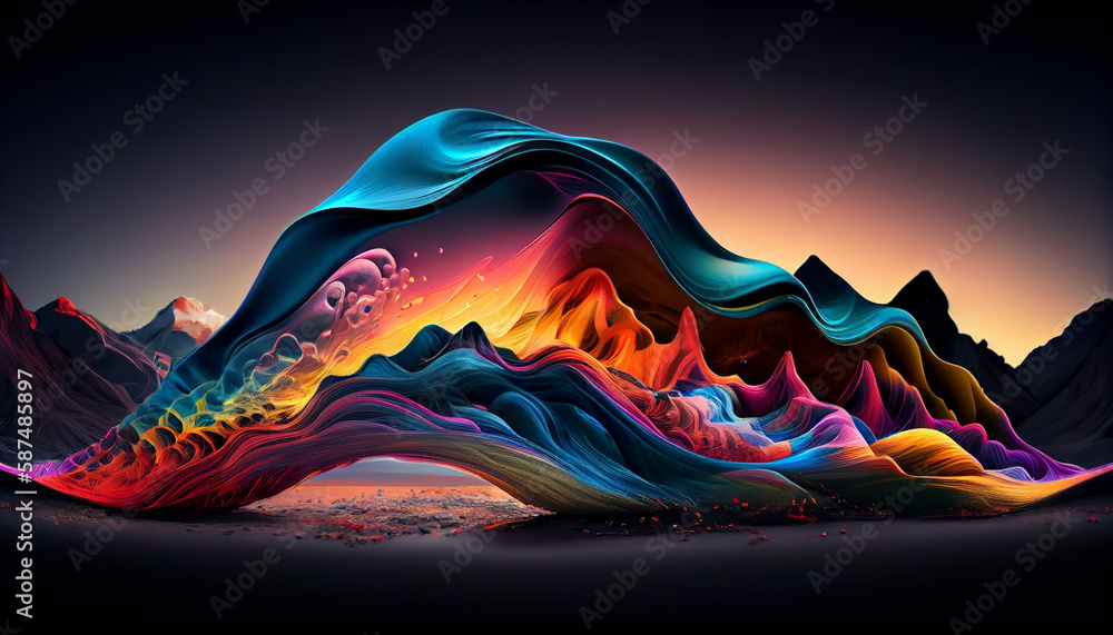 Poster Futuristic wave pattern glows in bright colors generated by AI