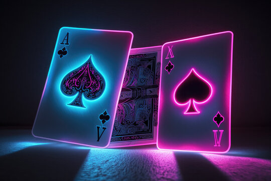 playing cards glow in pink and purple neon colors. Generative AI