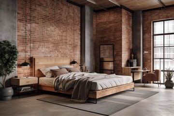 Stylish loft bedroom with high ceilings, a brick wall, a wooden floor, a wooden cabinet, and steel stack design accents. Generative AI