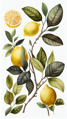 lemon with leaves isolated on white background. watercolor AI generative illustration