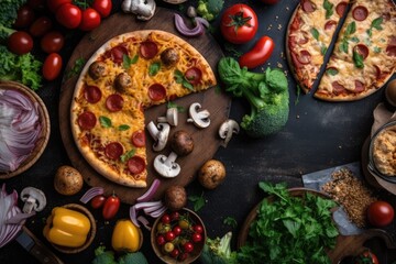 Corner border for fast food made from healthy plants. On a dark wood banner background, top view. Pizza with a cauliflower crust, bean burgers, bell pepper nachos, and cauliflower wings are all displa