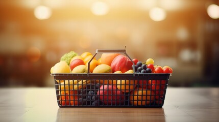 Naklejka premium Supermarket Basket Full of Fruits and Vegetables with Copy Space