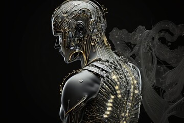 AI GENERATIVE, side view of android with microchips and wires covered with metal details on black background. High quality photo