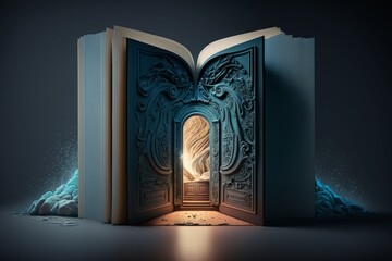 AI GENERATIVE, a giant open book in which there is a door that transports you to a world full of fantasy, . High quality photo