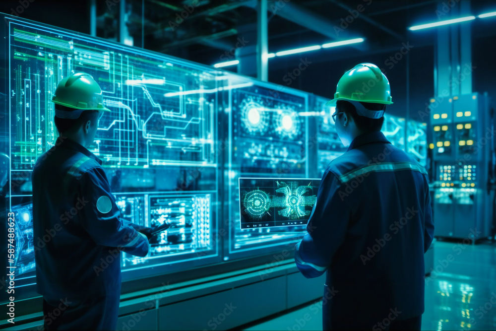 Aufkleber male engineers use tablet computer and blueprints to analyze data of power plant station project on 