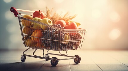 Supermarket Shopping Cart Full of Fruits and Vegetables with Copy Space