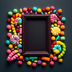 Chocolate picture frame with empty space surrounded by colorful candies created with Generative AI technology
