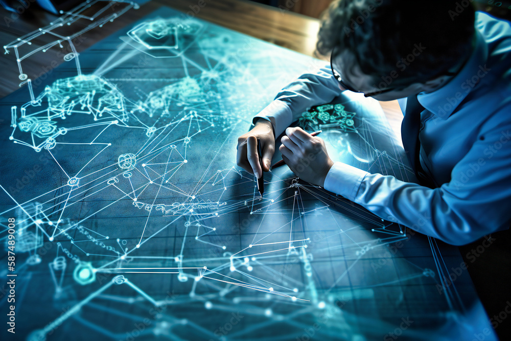Aufkleber businessman sketches a customer network structure on digital device for improved customer retention