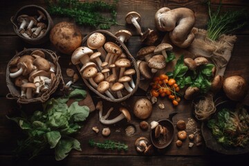 Organically grown Garden grown produce and wild mushrooms. Vegetarian culinary items with a border on a dark rustic wooden background. Generative AI