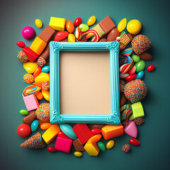 Blue candy picture frame with empty space surrounded by colorful candies created with Generative AI technology