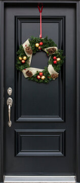 Christmas wreath on front door of home at Christmas time.
