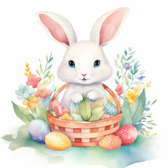Watercolor illustration for Easter with a cotton bunny holding a basket of colorful eggs created with Generative AI technology