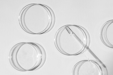 Petri dish. A set of Petri cups. A pipette, glass tube. On a white background.