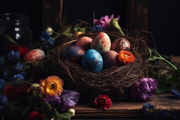 Obraz na płótnie Canvas Multicolor Easter eggs in nest and fresh spring flowers on dark wooden background. Generative AI.