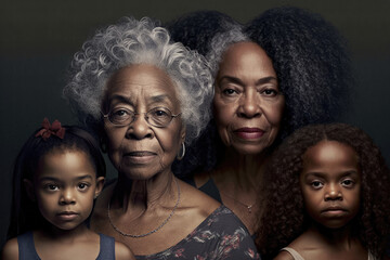 African american family, young daughter, mom, grandmother and great grandmother. Four generation family. High quality generative ai