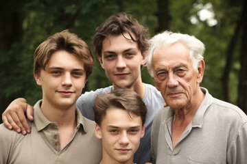 Fototapeta premium Three boys with their grandfather. Grandsons and grandfather, caucasian white family. High quality generative AI