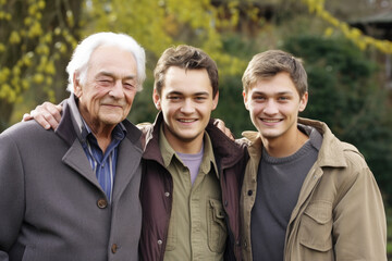 Two teenage boys with their grandfather. Grandsons and grandfather, caucasian white family. High quality generative AI