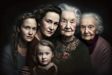 Obraz premium Four generations in family. White caucasian women. Vintage styled photography. Generative AI