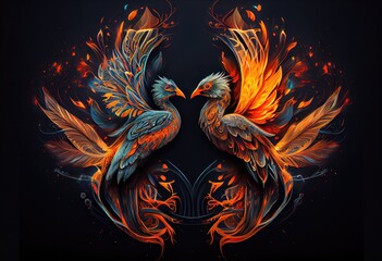two phoenix on fire with intricate details