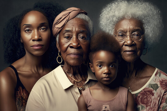 African American Family, Young Daughter, Mom, Grandmother And Great Grandmother. Four Generation Family. High Quality Generative Ai