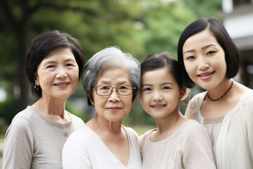 Fototapeta premium Two daughters, mom and grandmother. Three generations of Asian family. High quality generative AI