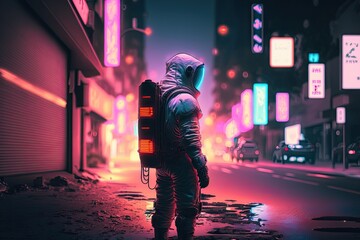 astronaut seen from afar in a neon city
