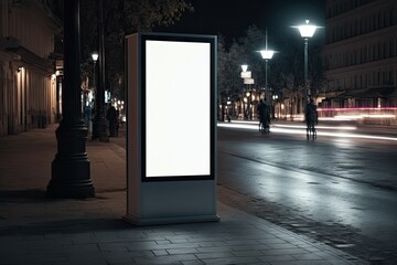 Blank vertical LED Billboard in public place with empty copy space screen for advertising, bright display on a sidewalk, night. Generative AI.