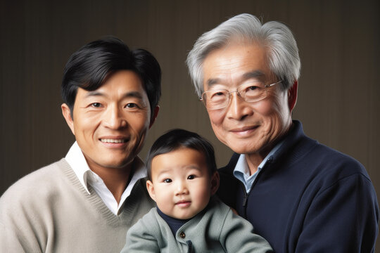 Young Son, Father And Grandfather. Three Generations Of Asian Family. High Quality Generative AI