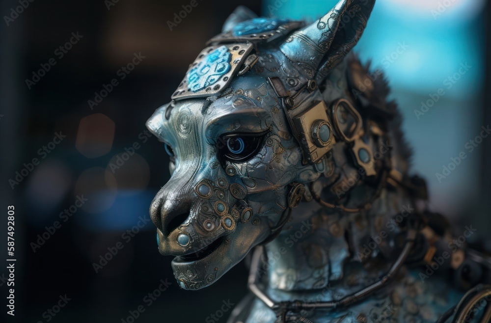 Poster blue alpaca cyber robot design generative ai