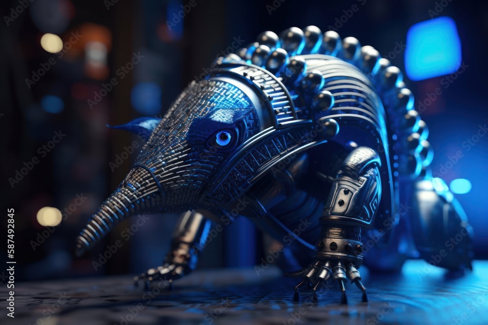 Poster blue armadillo mechanical robot background generative ai
