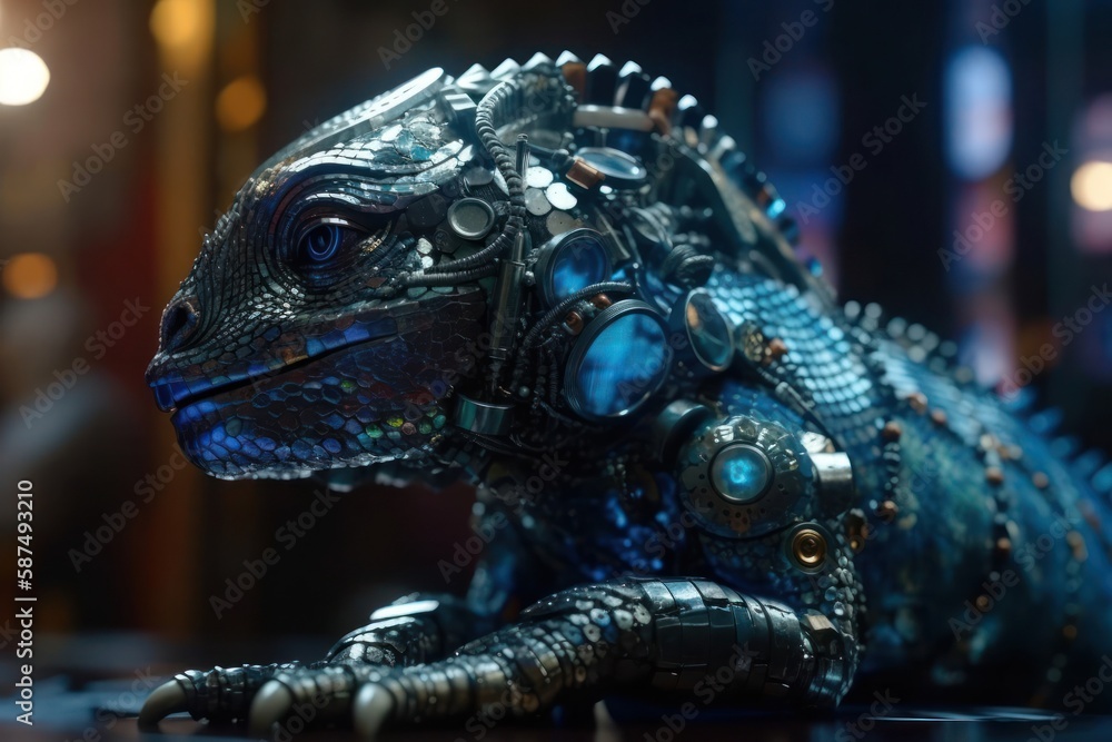 Poster blue chameleon mechanized robot portrait generative ai