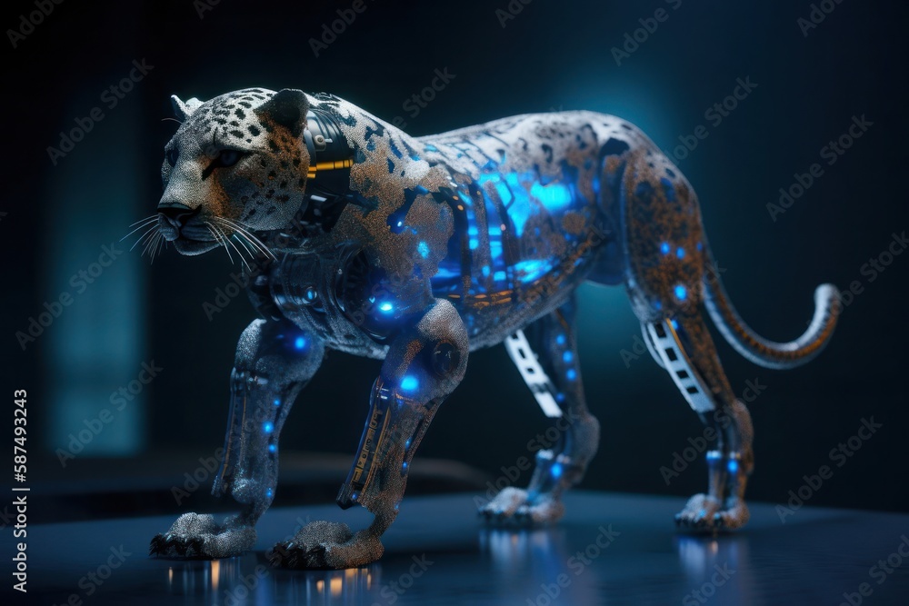 Aufkleber blue cheetah cyber robotic creature design generative ai