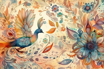 colorful bird perched on a branch surrounded by blooming flowers on a painted wall. Generative AI