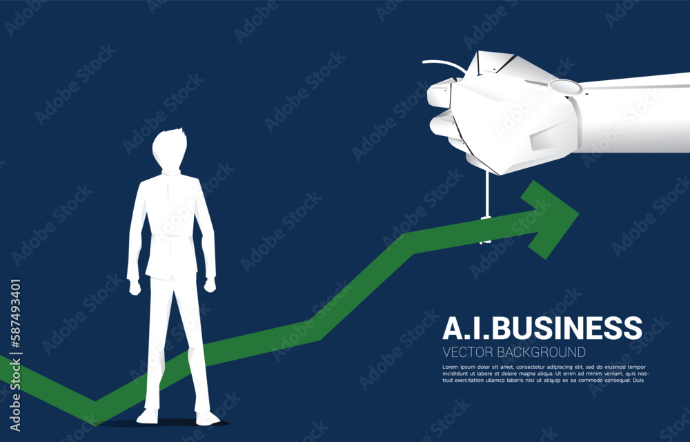 Poster businessman and robot hand move pull business graph higher. business concept for machine learning , 