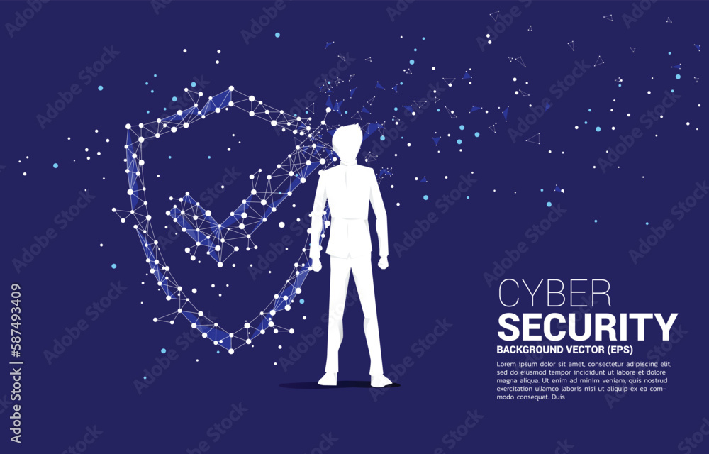 Poster Vector Silhouette of businessman with Protection shield icon from dot connect line polygon network. concept of guard security and safety