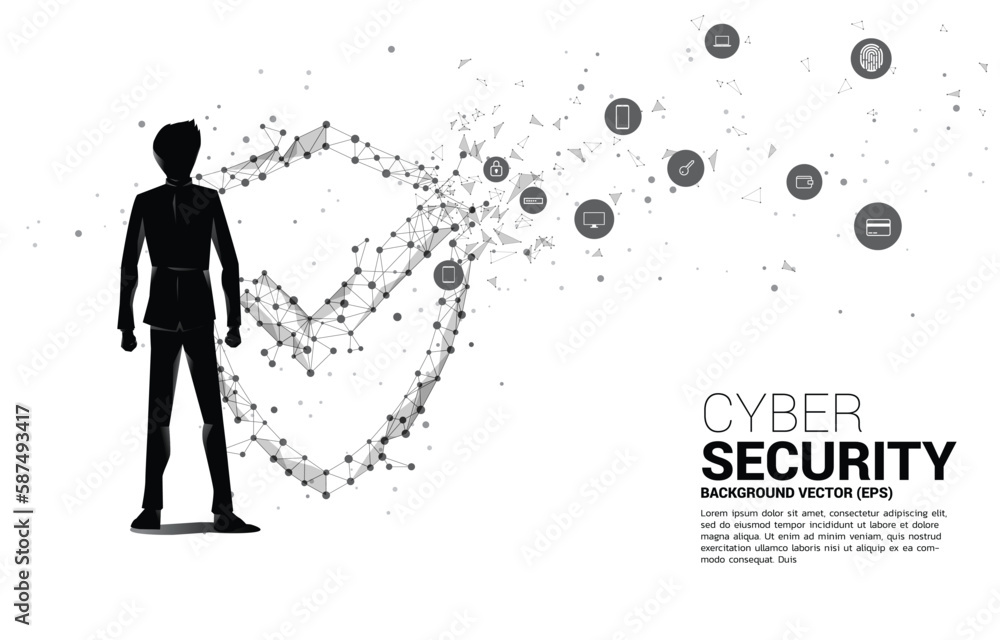 Poster Vector Silhouette of businessman with Protection shield icon from dot connect line polygon network. concept of guard security and safety