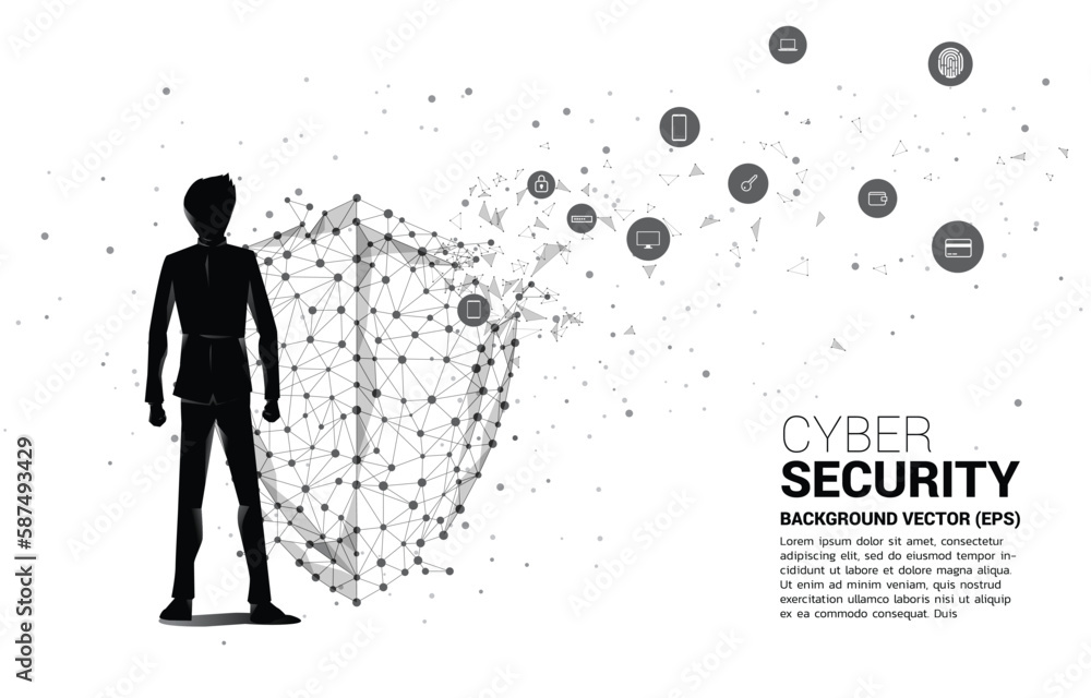 Poster Vector Silhouette of businessman with Protection shield icon from dot connect line polygon network. concept of guard security and safety