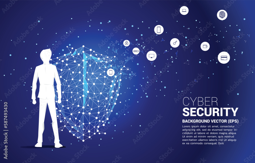Poster vector silhouette of businessman with protection shield icon from dot connect line polygon network. 